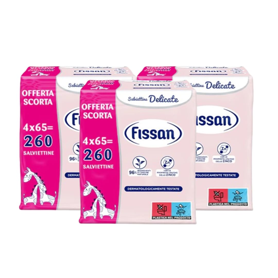 FISSAN Salviettine Delicate - Per Neonati e Bambini - Dermatologicamente Testate - 96% Ingredienti di Origine Naturale - con Proprietà lenitive dello Zinco - Senza Alcol - 3x4 Confezioni - 780 Pezzi
