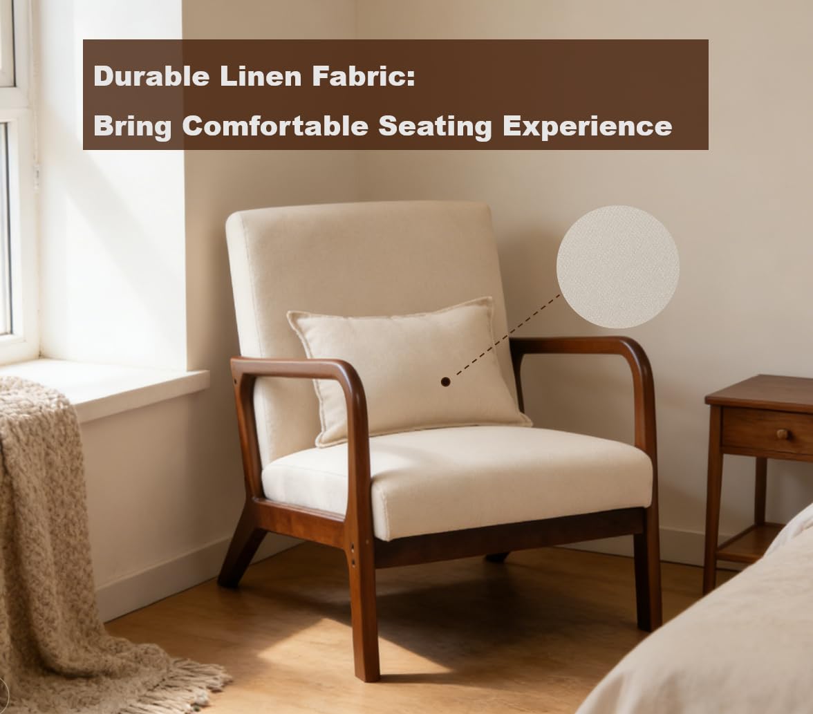 FANTASK Sessel, Modern Einzelsofa Holz mit Armlehnen, Loungesessel gepolstert für Wohnzimmer, Schlafzimmer, 65 x 79 x 77 cm, Beige