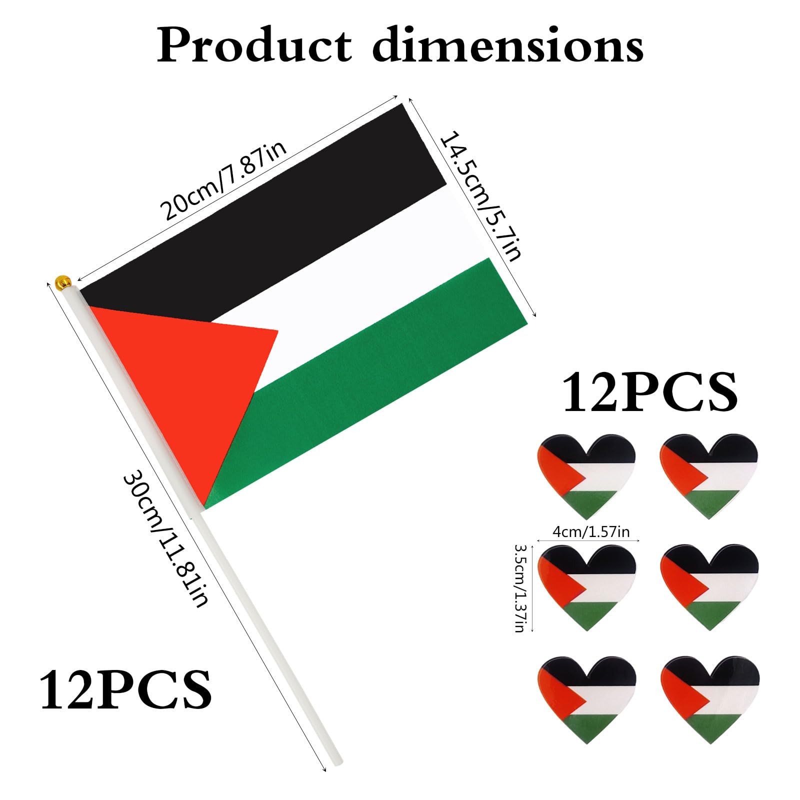 Bandiera Palestina Piccole 20x14.5 cm con Asta, Adesivi Palestina Cuore 4x3.5 cm, Decorazione