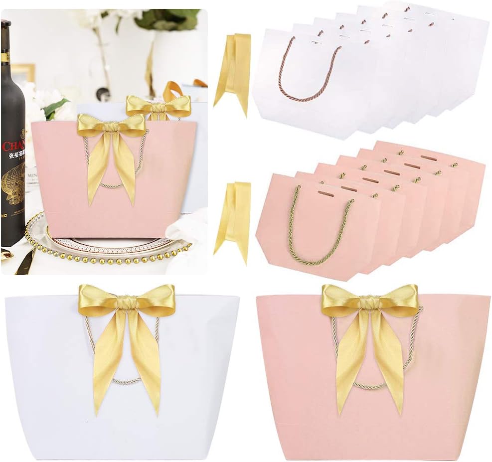 TANCUDER 12 PCS Gift Bags with Handles 28x20x9cm Paper Party Favor Bag Bulk Sweet Candy Goody Bags with Bow Ribbon for Elegant Birthday Wedding Graduation Celebration Present Wrap, Pink & White,Medium