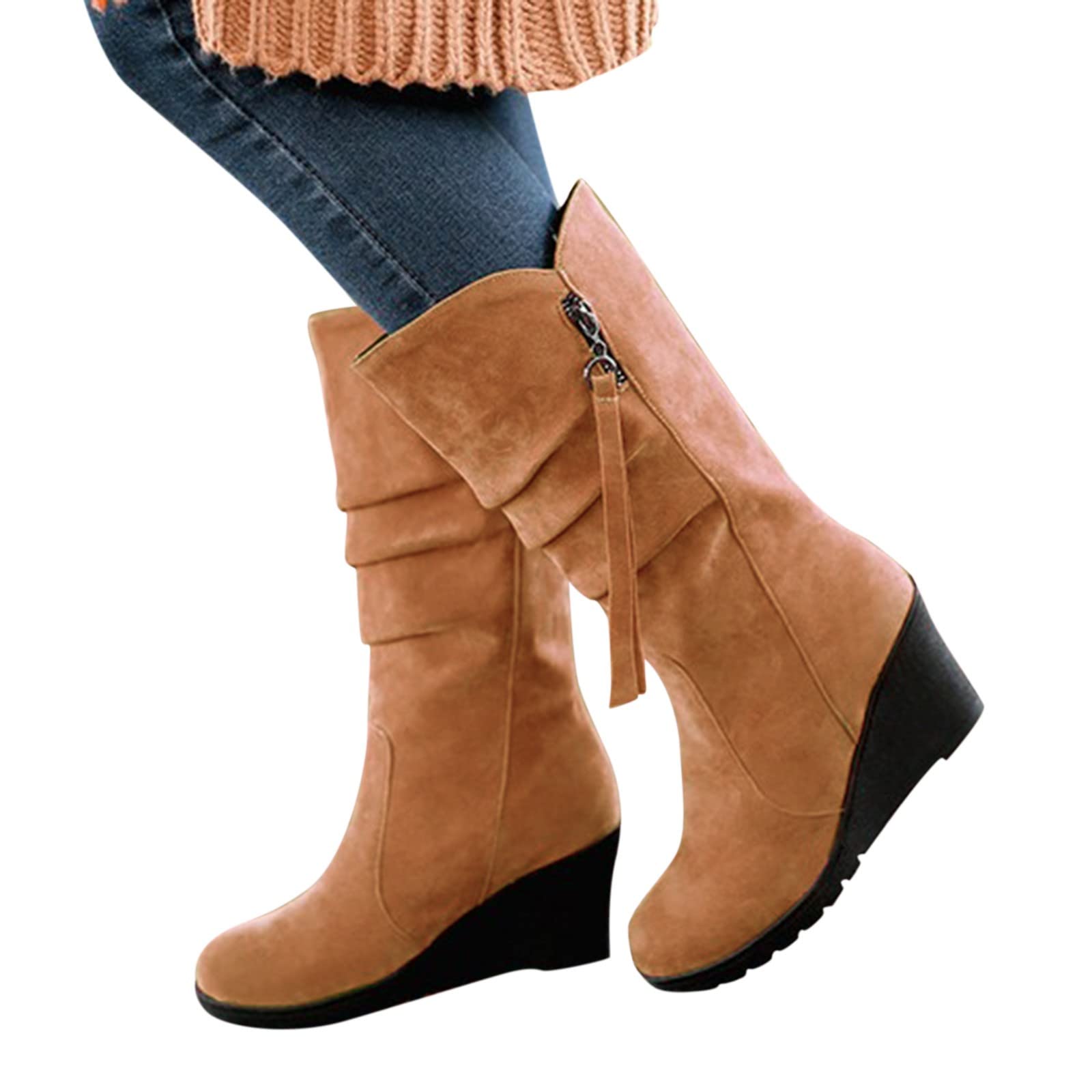 Botas Plisadas Cuñas Cuero Mujer, Botín Antiderapante Mujer Invierno, 2025 Nuevo Botines Chic Versátil Bota Casual Ancho Boot Uni Zapato Plataforma Bota Elegante Bota