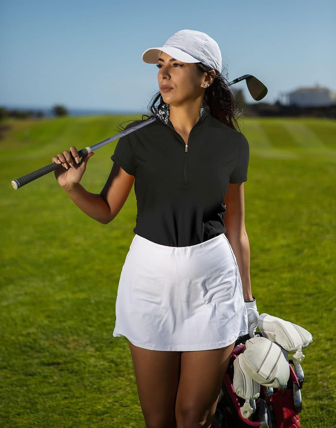 LRD Womens UPF30 Mock Neck Golf Polo Short Sleeve Sun Protection Zip Shirt