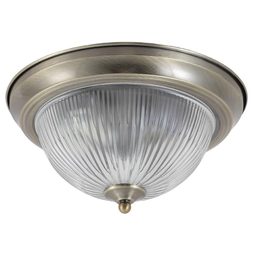 Britalia Antique Brass & Clear Ribbed Glass Bathroom Vintage Round Flush Ceiling Light | Diameter | 2 X Ses E14 Lamps Required | Ip44 Rated | Low Profile Height Of 15Cm | American Diner 29Cm