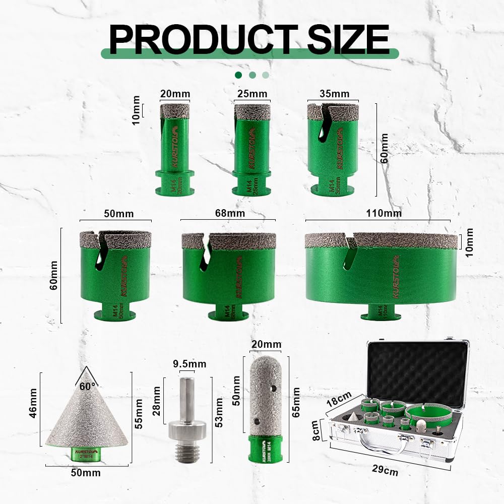 Brocas Diamante Porcelanico Kit 9PCS - 20/25/35/50/68/110mm Brocas, 20mm Fresa, 50mm Broca Chaflan, Adaptador para Azulejo de Cerámica Porcelana Mármol Granito