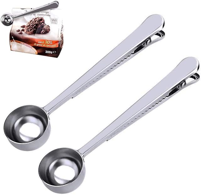 2PCS Coffee Scoop with Bag Clip, Stainless Steel Coffee Measuring Spoon Ground Coffee Sealer for Cafetiere Ground Coffee and Beans(Silver