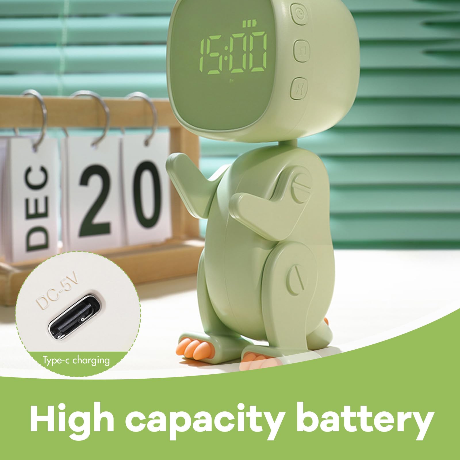 Réveil Enfant Dinosaure Lumineux - Veilleuse Temporisée, 6 Sonneries, Thermomètre, Entraîneur De Sommeil, Rechargeable USB