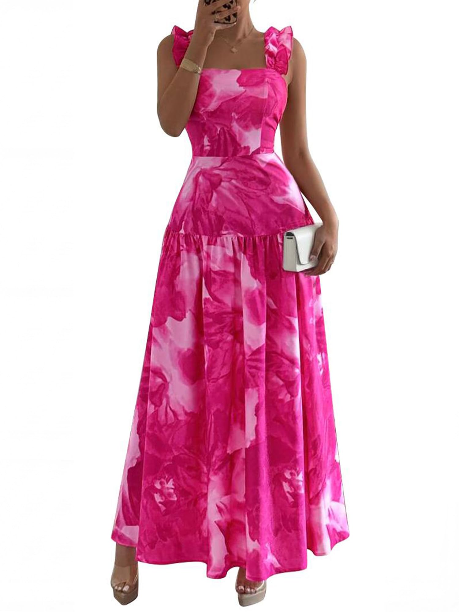 BTFBM Dresses for Women Summer 2026 Formal Sleeveless Smocked Floral Long Wedding Guest Dress Party Spring Floral Rose Pink Small