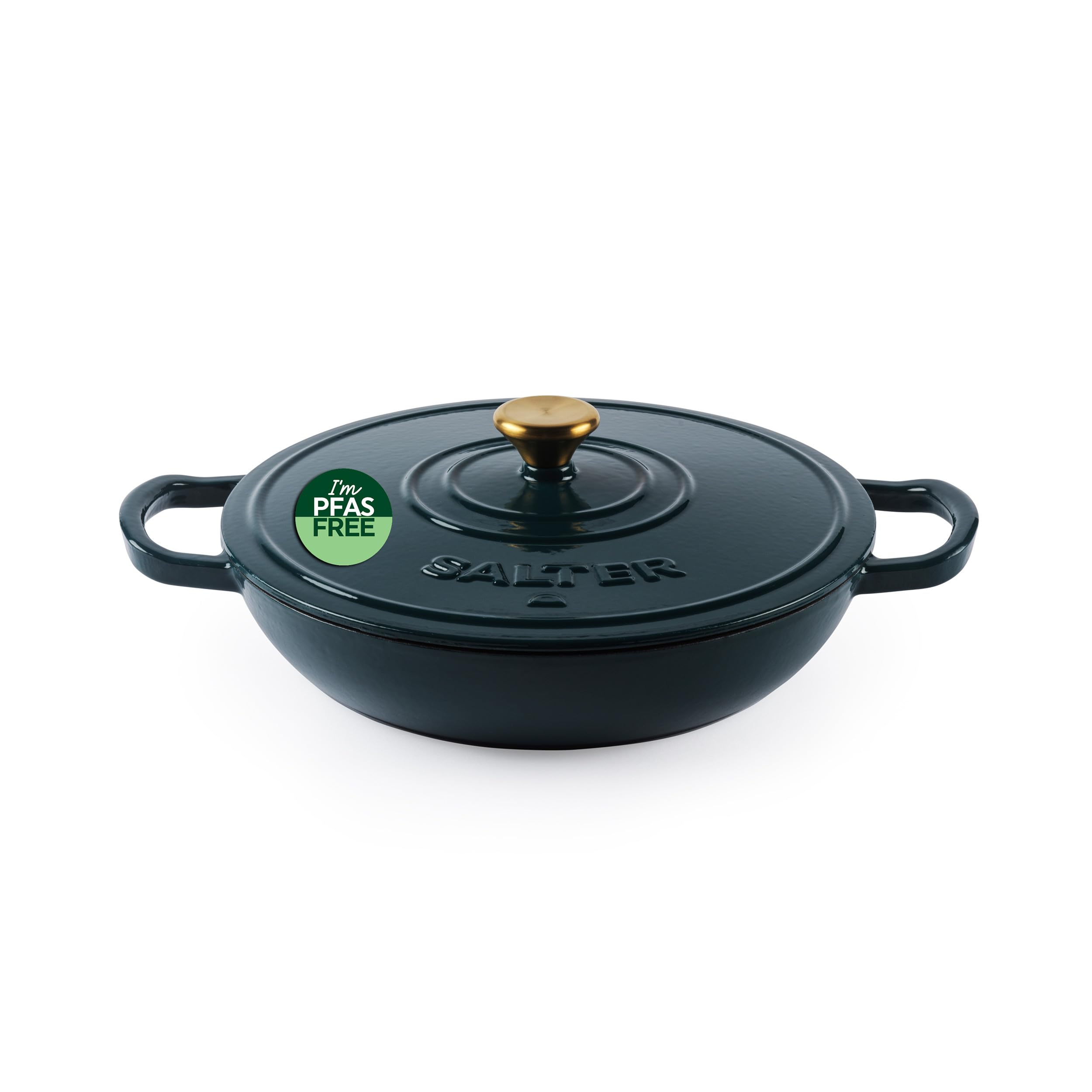 Salter Chester Casseruola Bassa in Ghisa – Verde, 30CM, Coperchio Autoabbracciante, Dutch Oven, Da Piano Cottura a Forno, Adatta a Tutti i Tipi di Piano Cottura Inclusa Induzione, Capacità 2.8L