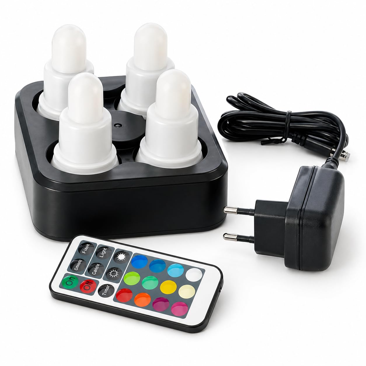 ReWu Duni LED-Set - 4 Stück - Warmweiß & Multicolour Mehrfarbig Wiederaufladbar Inklusive Ladestation & Fernbedienung Tischleuchten LED-Kerzen Alternative Teelichter
