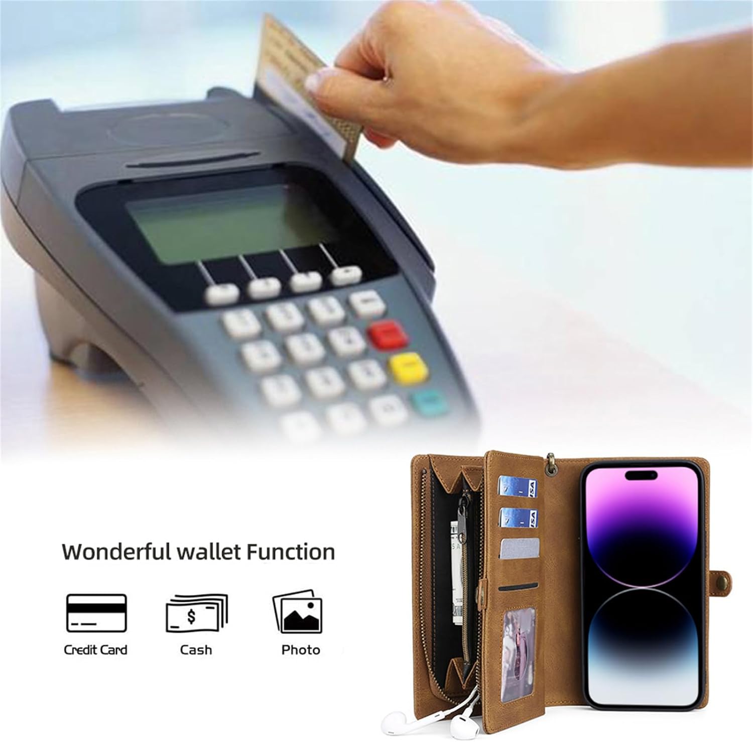 Wallet Case for iPhone 15 Pro Max/15 Pro/15 Plus/15, PU Leather Zipper 2 in 1 Detachable Magnetic Bukckle Flip Shockproof Cover with Wrist Strap Removable,Brown,15