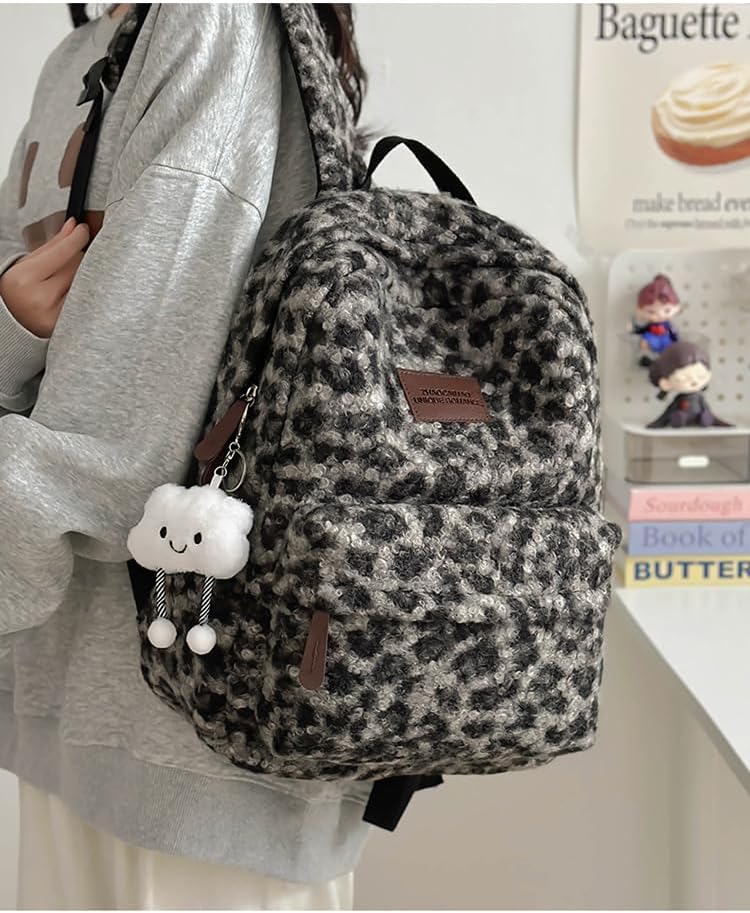 Cute Backpack Fuzzy Cheetah Shoulder Bag, Y2k Purse Fleece Chic Bookbag Trendy Aesthetic Coquette Daypack 90s Purse (Black Cheetah) - Image 4