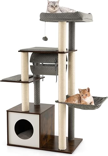 PETSITE Árbol de madera para gatos de 53 pulgadas de alto, torre moderna para gatos con hamaca, postes rascadores de sisal, percha superior, túnel y