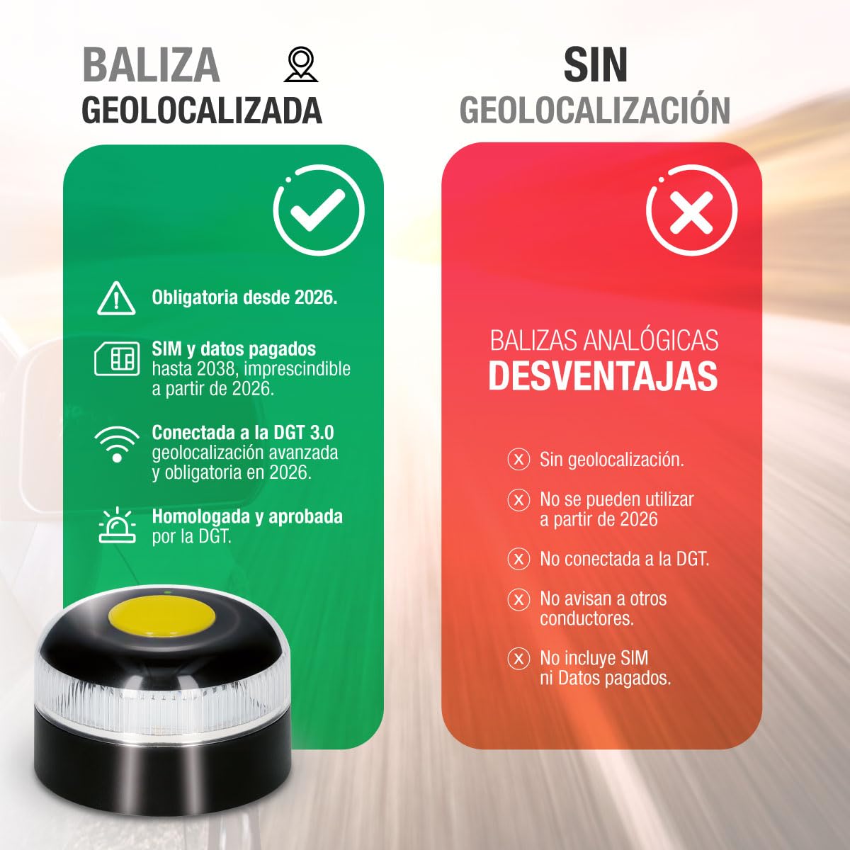 PMK GRUPO | Baliza V16 Conectada Homologada 2026 | Datos incluidos (hasta 12/2038) | Luz Emergencia LED 360º 1 km | Geolocalización GPS + SIM incluida | Conexión a DGT 3.0 | Sin App ni Suscripciones