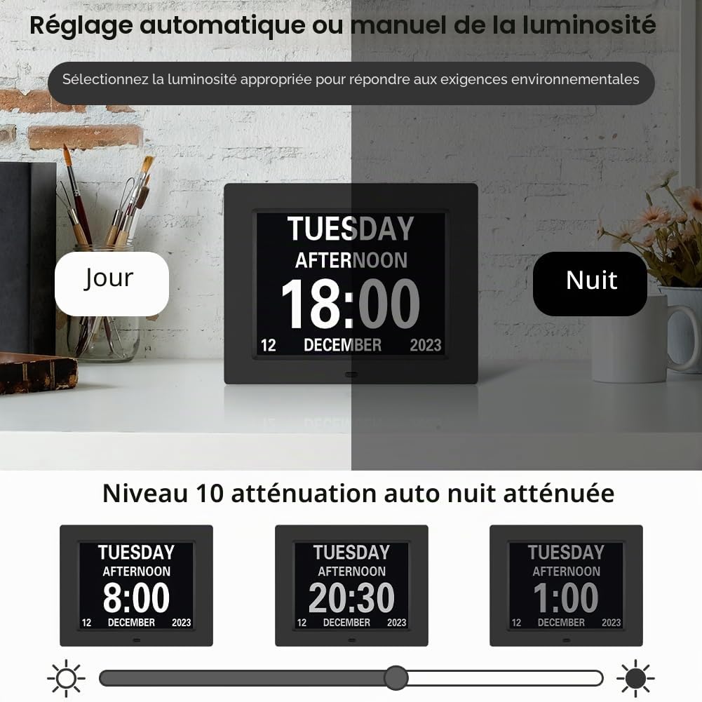 8 Pouces LCD Horloge Numérique Calendrier Multilingue Télécommandée Dimmable avec Date, Jour et Heure Cadre Photo Numérique pour Personnes avec Maladie d'Alzheimer