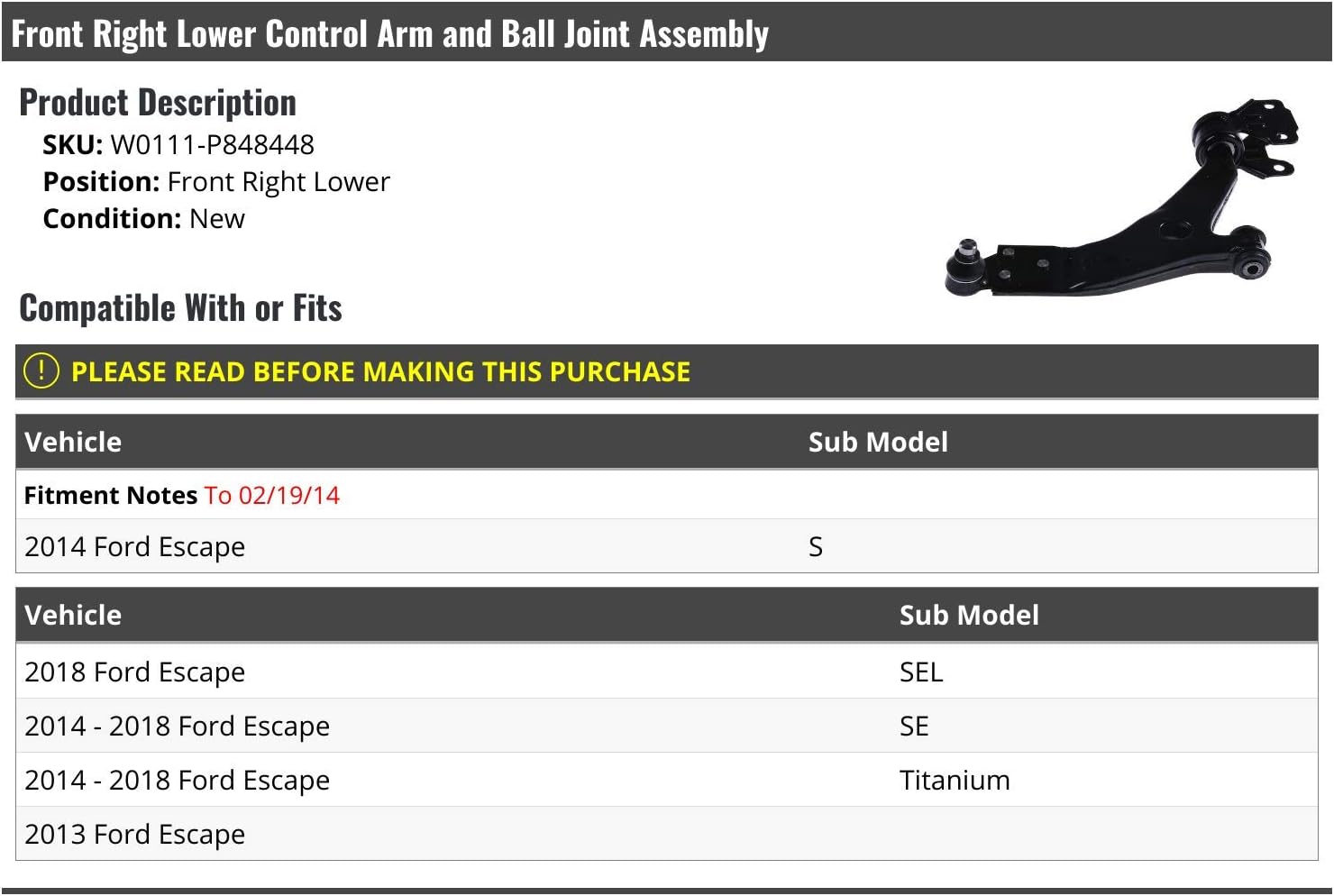 Front Right Passenger Side Lower Control Arm and Ball Joint Assembly - Compatible with 2013-2018 Ford Escape