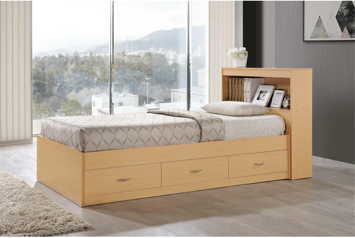 HomeStock Twin Size Medieval Moods Modern Storage Bed with 3 Drawers and Headboard with Spindles Feature, Laminated Finish - 85.6" L x 42.3" W x 39.2" H Beech