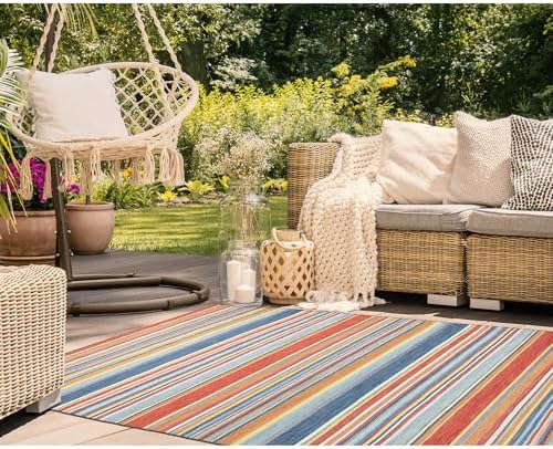 Liora Manne Sonoma Indoor/Outdoor Hand Woven Polyester Handmade Area Rug - Transitional Geometric Casual Accent (Malibu Stripe Sunscape) (5' x 7'6")