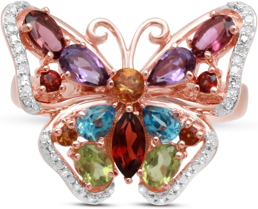 Jewelili 14K Rose Gold Plated Sterling Silver 6x3mm, 5x3mm and 4x3mm Multi Gemstones Butterfly Ring