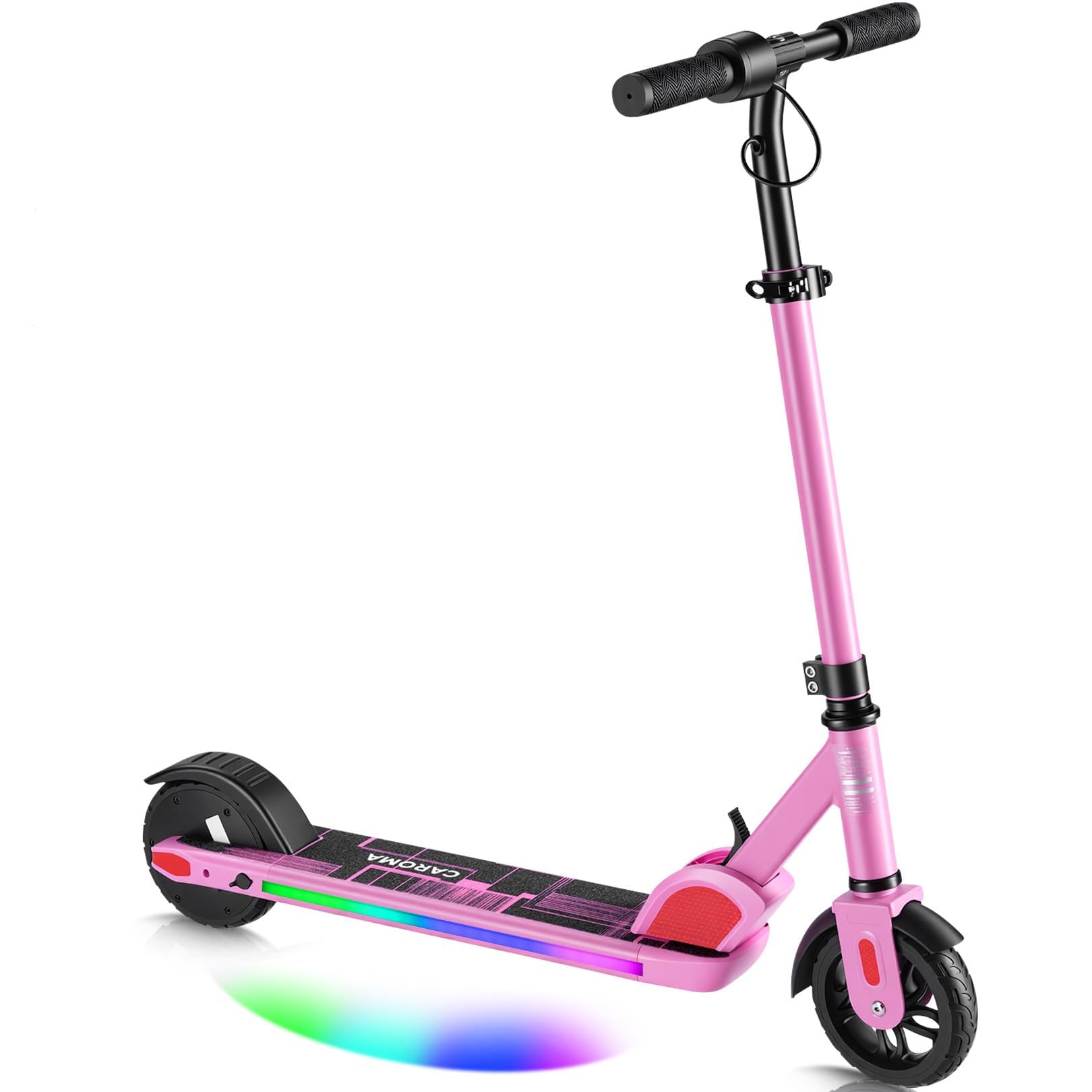 Caroma E Scooter für Kinder Alter 6-14, 150W/180W Motor, 16 km/h, 80 mins Fahrzeit, einstellbare Geschwindigkeit und Höhe, Bunte Lichter, LED-Anzeige, Faltbarer Kinder Elektroroller