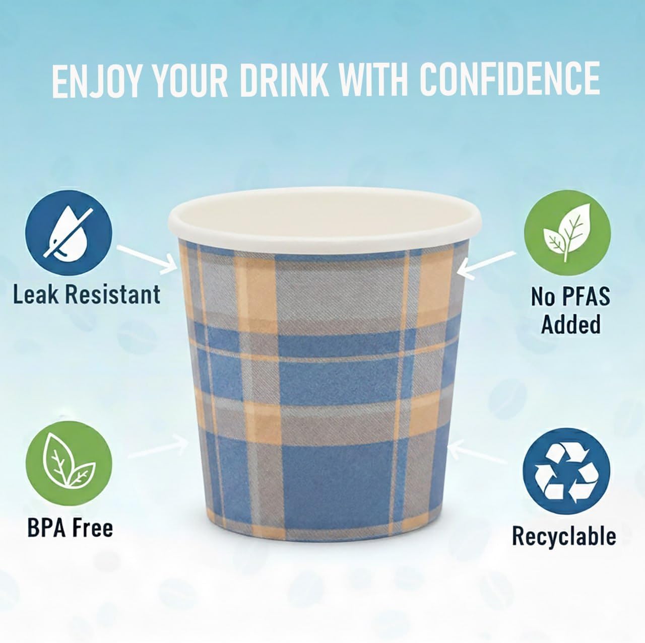 Disposable Espresso Cups with Lids - 4 Oz - 50 Sets - Blue Tartan Print - Small To Go Paper Cups with Tops for Home Office or Party - Image 6