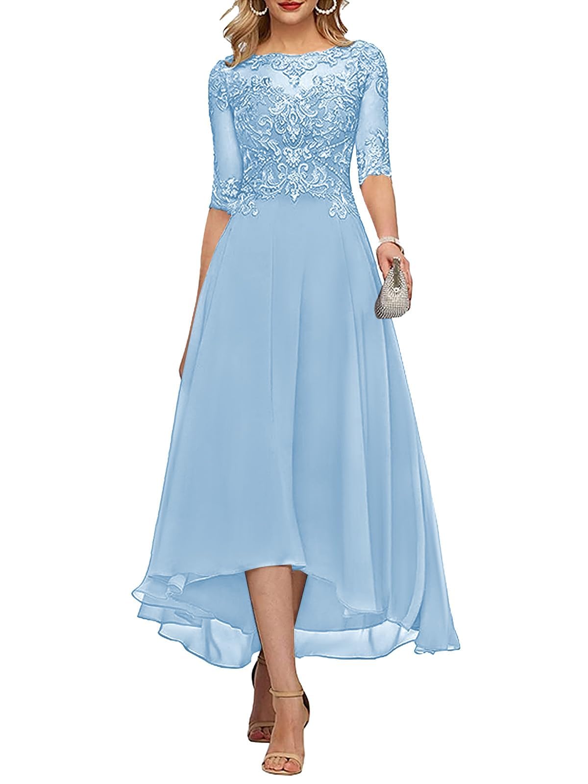 KURFACE Light Blue Mother of the Bride Dresses for Women with Lace Applique Chiffon Half Sleeve Tea Length Wedding Guest Dress UK20