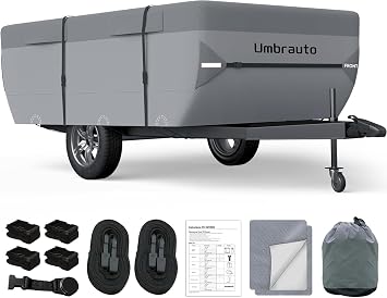 Pop Up Folding Camper Cover Upgraded 7 Layers Top Tent Trailer Cover Waterproof Extra Thick Polypropylene Breathable Ripstop Anti-UV Pop Up Folding Trailer Cover Fits 8' - 10' Trailers