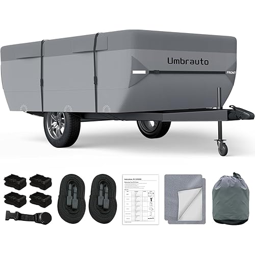 Umbrauto Pop Up Folding Camper Cover Upgraded 7 Layers Top Tent Trailer Cover Waterproof Extra Thick Polypropylene Breathable Ripstop Anti-UV Pop Up Folding Trailer Cover Fits 8' - 10' Trailers