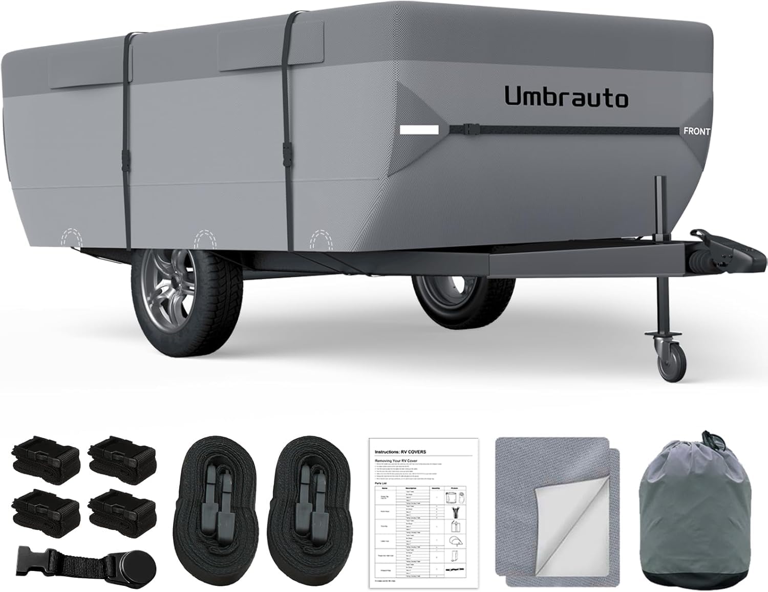 Umbrauto Pop Up Folding Camper Cover Upgraded 7 Layers Top Tent Trailer Cover Waterproof Extra Thick Polypropylene Breathable Ripstop Anti-UV Pop Up Folding Trailer Cover Fits 8' - 10' Trailers