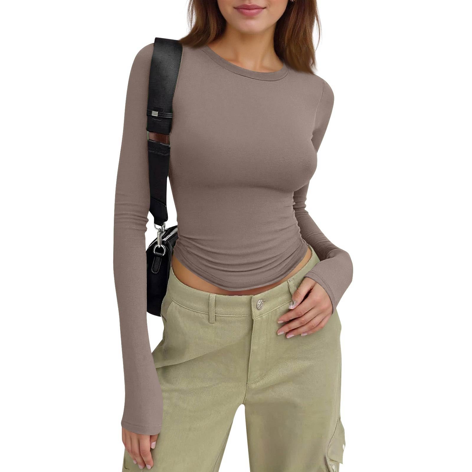 Long Sleeve Workout Tops for Women Crew Neck Tight Basic Tees Trendy Cute Going Out Fitted Tops Y2k