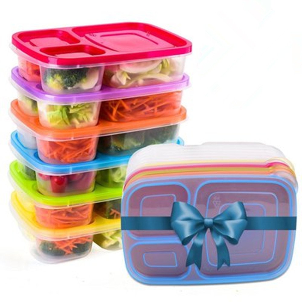 Meal Prep Containers - Bento Lunch Box - Reusable Plastic Food Storage Containers with Lids-BPA Free, Microwave - 3 Compartment/ 6 Pack/Rainbow Color (6pcs)