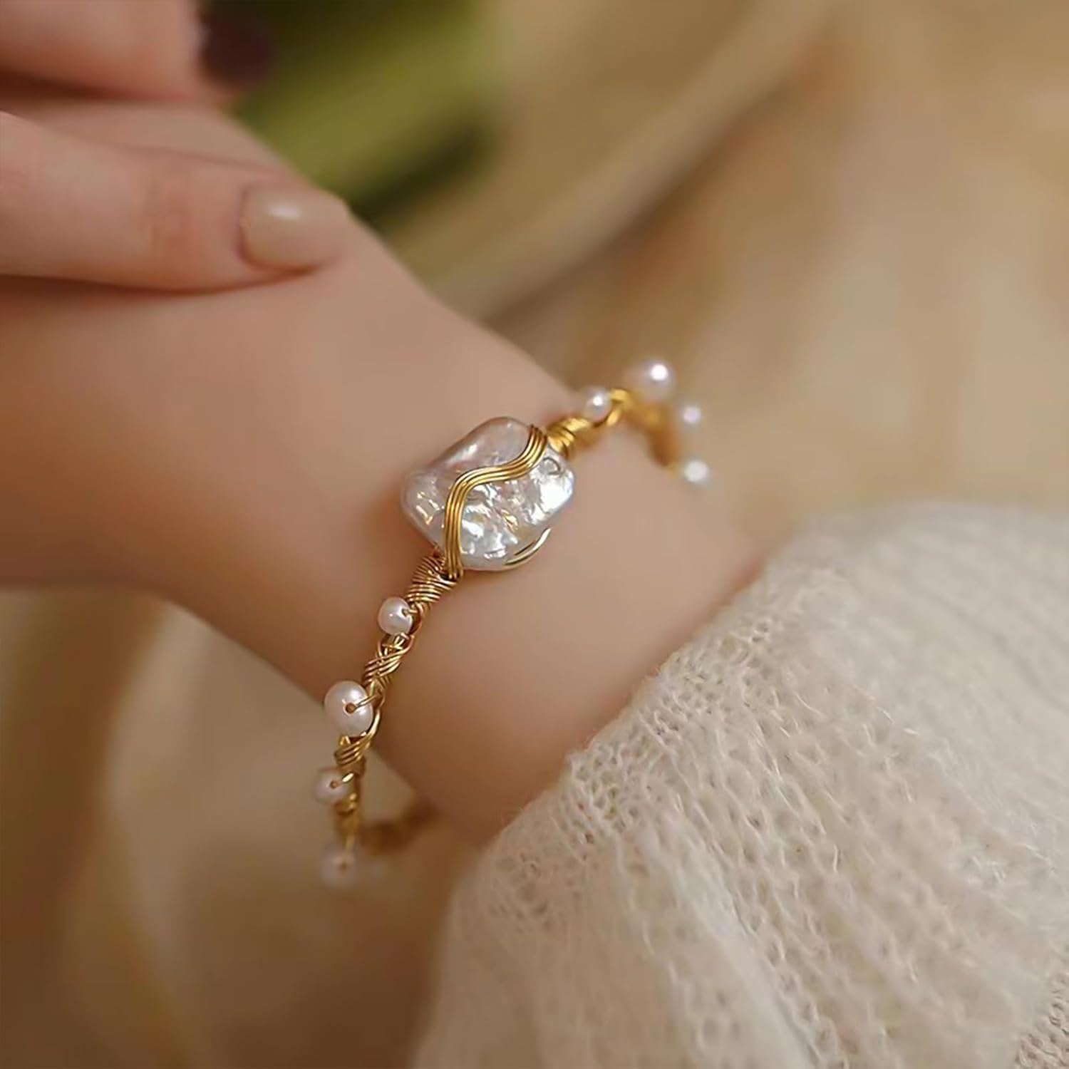 HETICA Gold Baroque Pearl Bracelet, Adjustable Gold Wrap Design Pearl Bracelet 18K Gold Plated Delicate Small Pearl Bracelet for Women Birthday Anniversary Valentine's Day Christmas Gift - Image 6