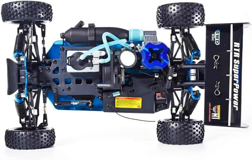 Underside view of the HSP 94106 RC Car, showing the nitro engine, exhaust pipe, and fuel lines.