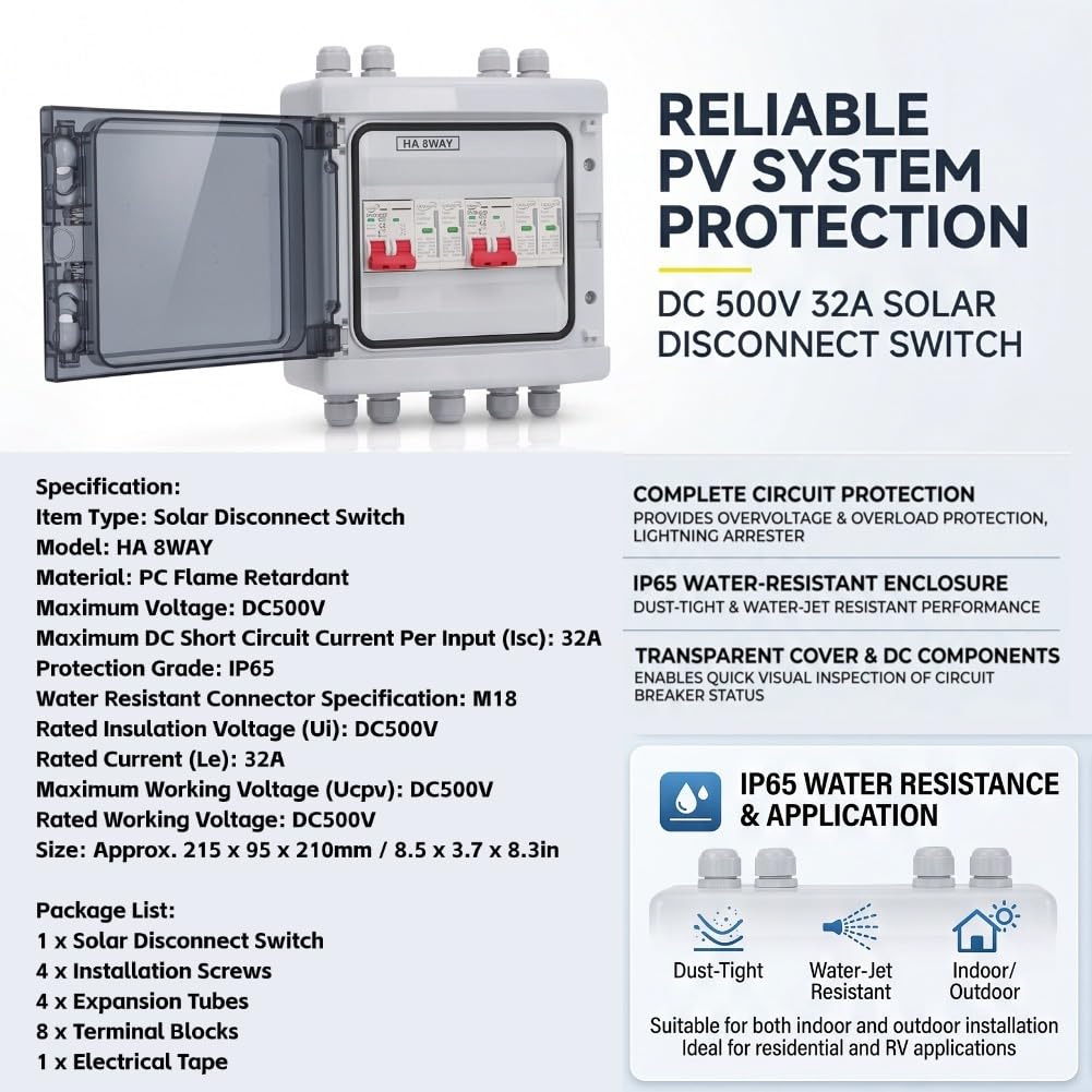 Interrupteur de Déconnexion Solaire DC500V 2 Entrées 2 Sorties, Boîtier de Combinaison PV de Protection contre les Surtensions, étanche IP65 avec Disjoncteur 32A DC et