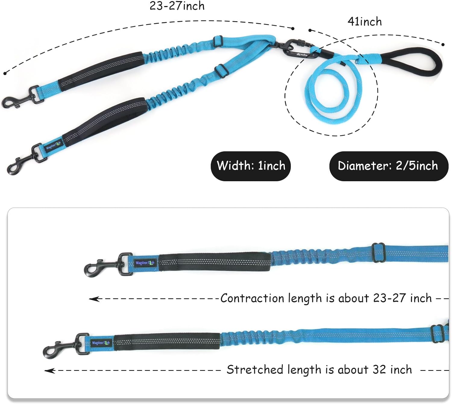 Double Dog Leash No Tangle – Dual Dog Leash for 2 Dogs with Shock Absorbing Bungee, 360° Swivel, Reflective Safety, Heavy Duty for Medium & Large Dogs (Bright Blue)