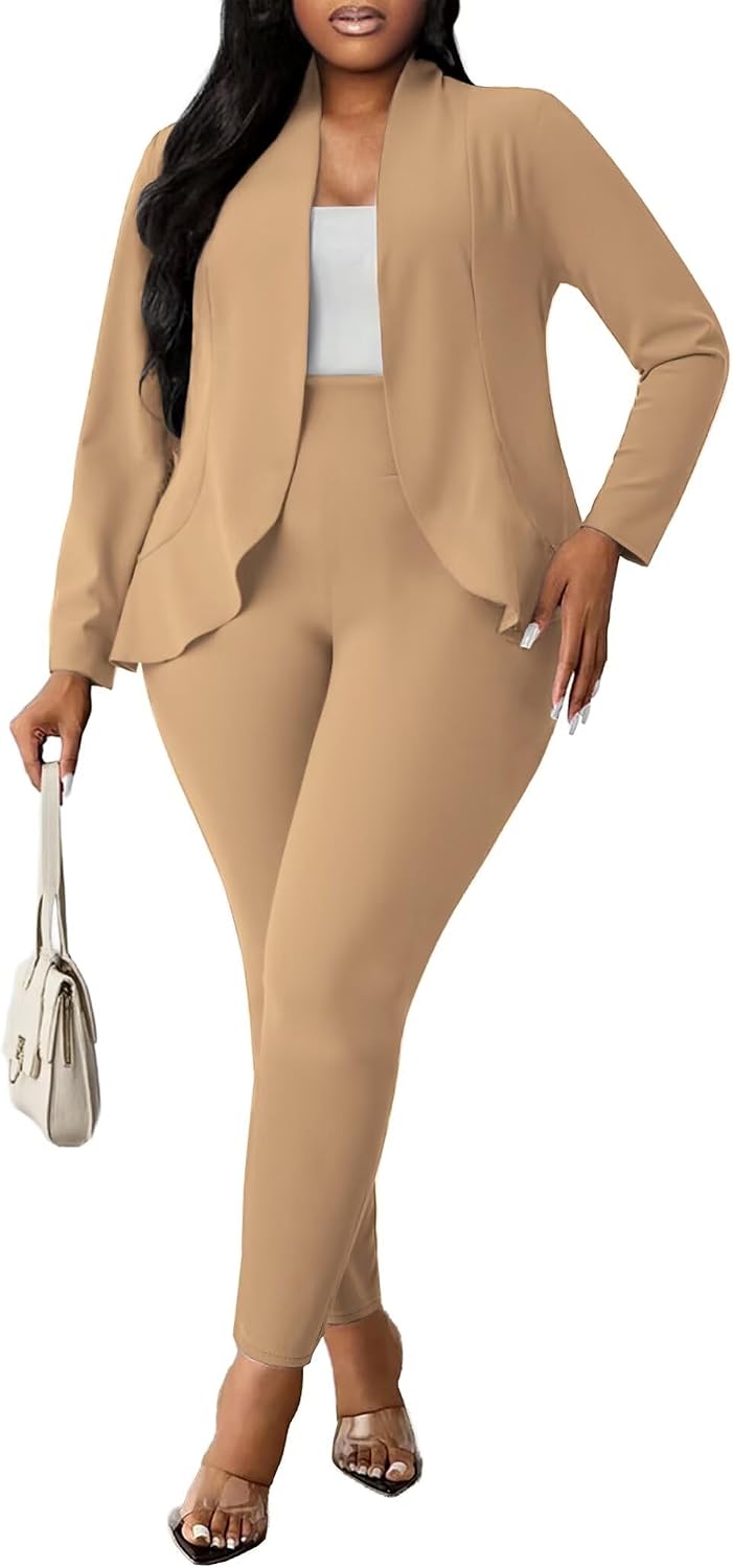 Aro Lora Womens Plus Size 2 Piece Outfits Pantsuits Long Sleeve Ruffle Irregular Hem Open Front Blazer Pant Set