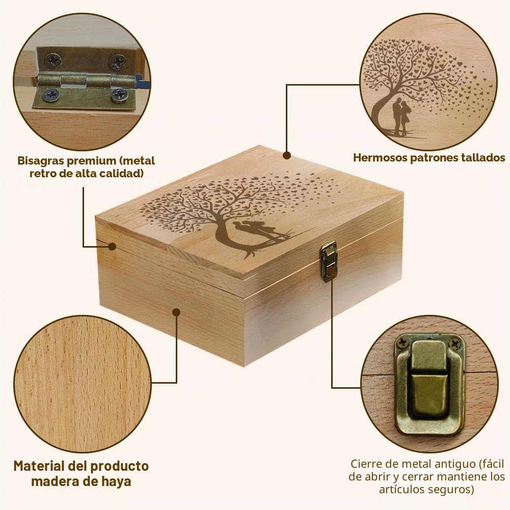 Arricraft Caja de recuerdo de madera para recuerdos, caja de árbol con tapa con cierre de tapa para guardar fotos, cartas, bodas, San Valentín, 7.6 x 9.6 x 4 pulgadas (19.5 x 24.5 x 10.3 cm)