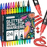 ARTISTRO 24 Sparkly Glitter Dual-Tip Paint Pens – Dazzling Markers with Acrylic Ink for Rock, Ceramic, Wood, Fabric, & More – Brush + Chisel Tips
