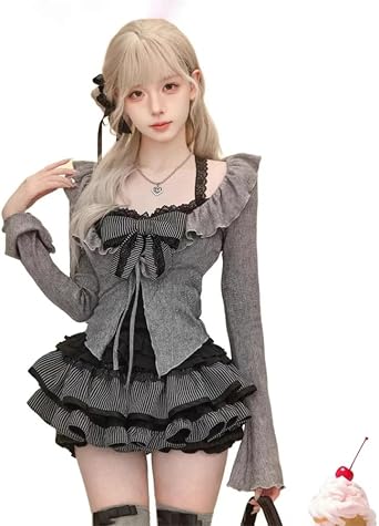 Gothic Lolita Set, Womens Bowknot 3-Piece Set, Skirt, Mass-Produced Style, Lovely, Princess Lolita, Mini Skirt, Subculture, Long Sleeve, Casual, Korean Style, Street, Gal Sexy, Top