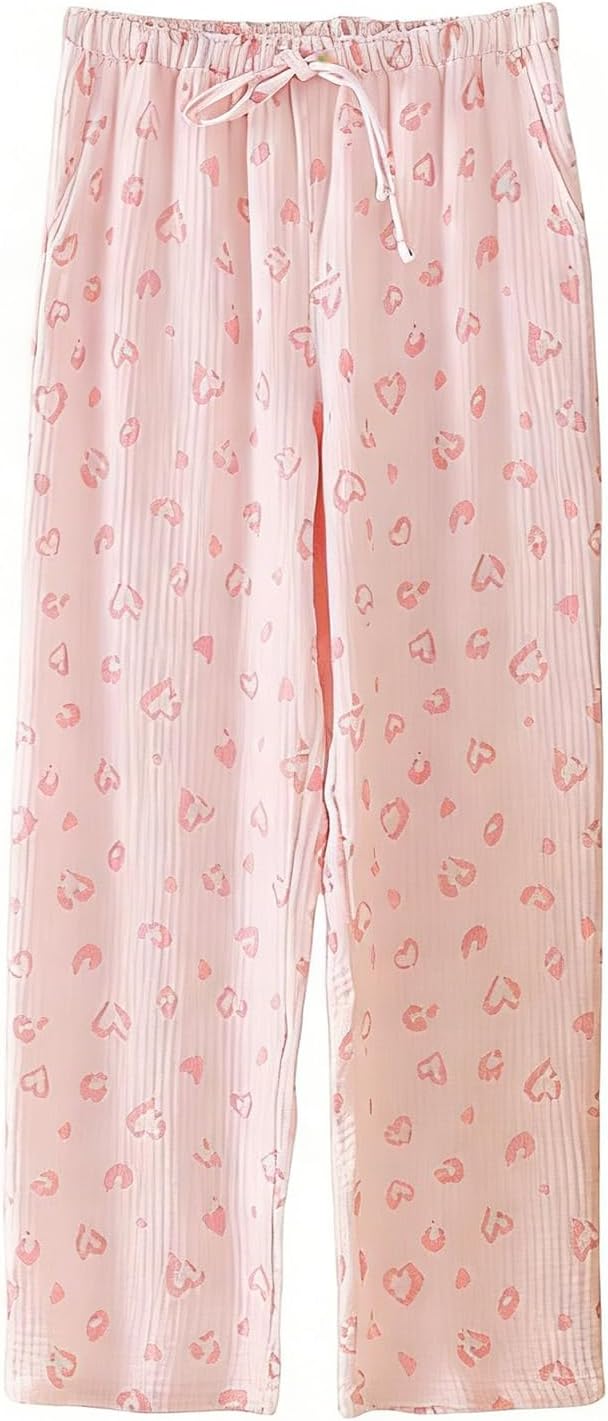 codcm Womens Cotton Gauze Cute Print Pajama Pants Loose Fit Lightweight Wide Leg Sleep Lounge Pj Bottoms With Pockets