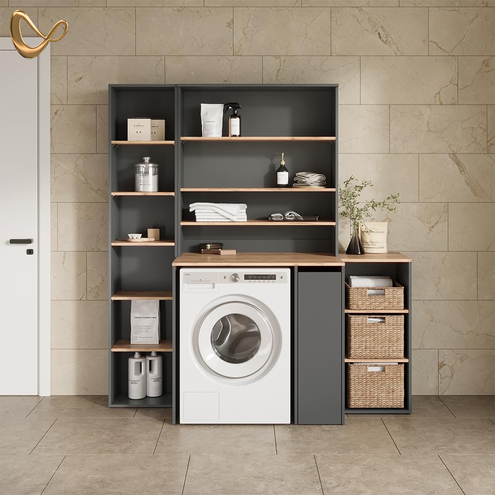 Livinity Mobiletto per lavatrice Paolina Antracite/Rovere 93.6x88.2 cm | con scomparti e porta