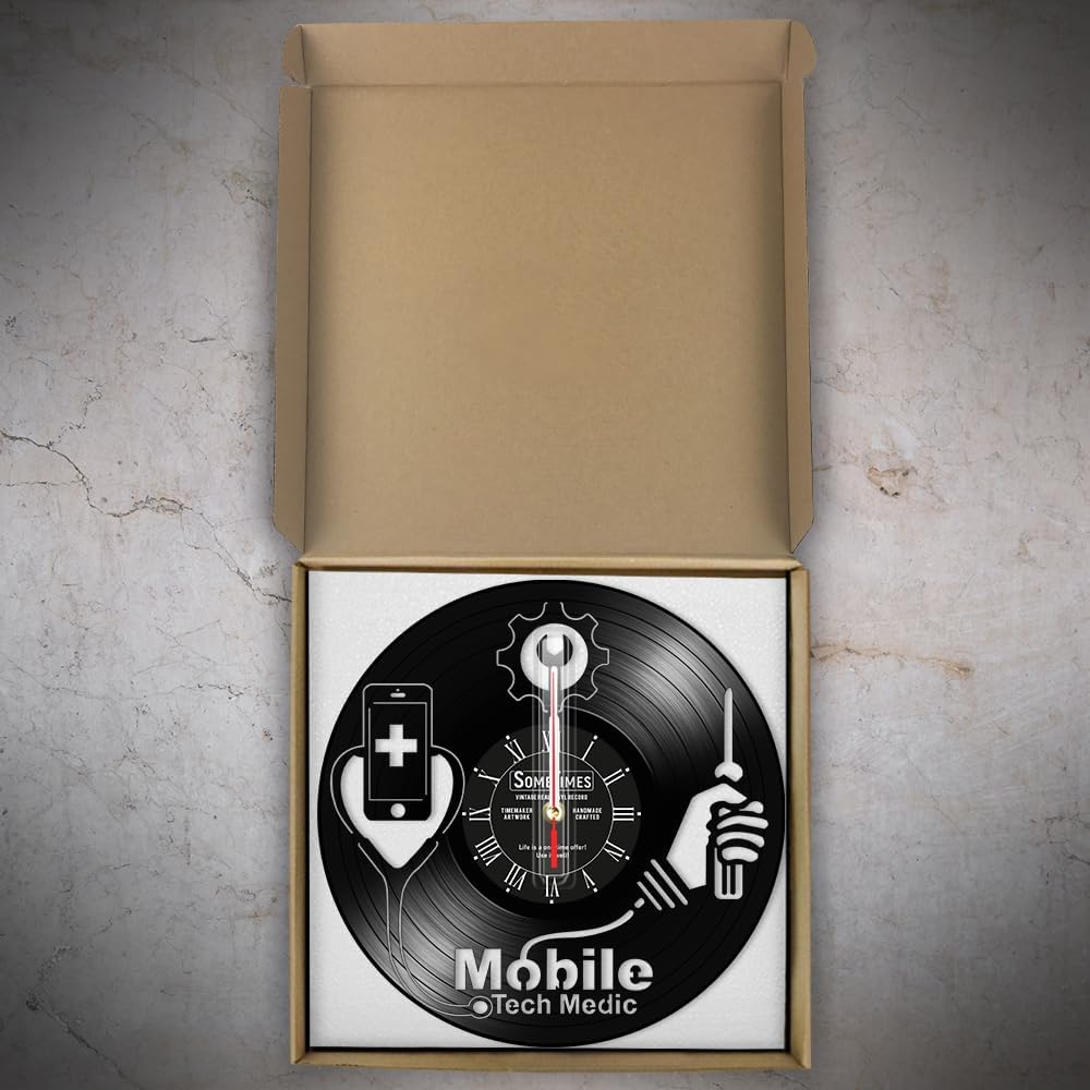 The Geeky Days Cell Phone Repair Fix Clock Custom Name Sign, Mobile Tech Medic Business Display Vinyl Record Wall Clock Retro Silent Non Ticking Battery Operated Wall Clock for Phone Store 12''