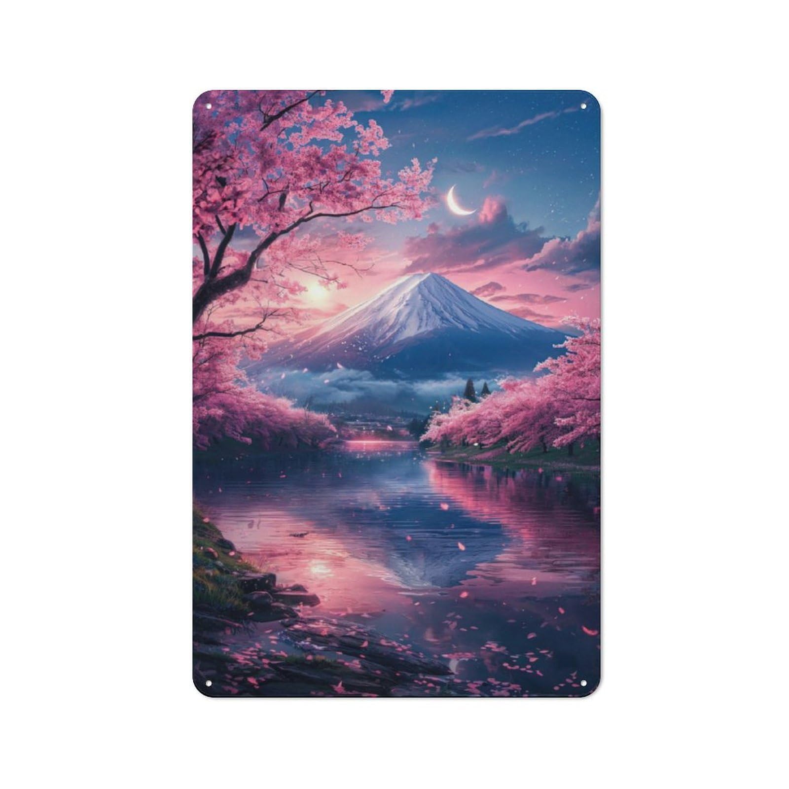 Junmoney Japan Sakura In Mount Fuji Metal Wall Sign 30X20cm, Rustic Decor For Hallway Wall, For Metal Sign Collectors, For Garage And Workshop Walls