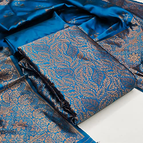 Image of Women Banarsi Silk Unstitched Suit Piece Dress Material | Unstitched Salwar Suit Dress Fabric for Women with Zari Dupatta Set (Suit-2M, Salwar-2M, Dupatta-2.25M) - Teal Blue