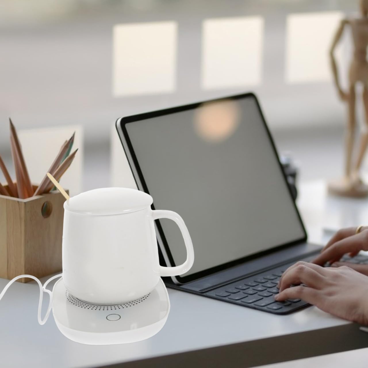 Unomor Ceramic Thermostat Cup and USB Heating Pad Warmer Set Milk and Coffee Warmer Mat with Gravity Sensor for Milk and Home Use