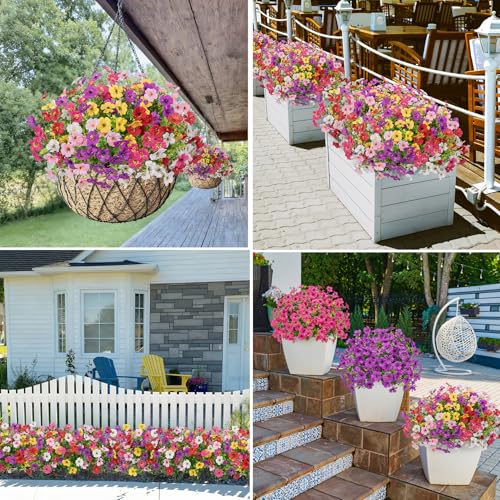 Image of Bassion 24 Bundles Artificial Flowers for Outdoors Fake Flowers, Mixed | UV resistant, silk flowers, realistic faux plants for outdoor planter, window box porch patio garden home outside decor
