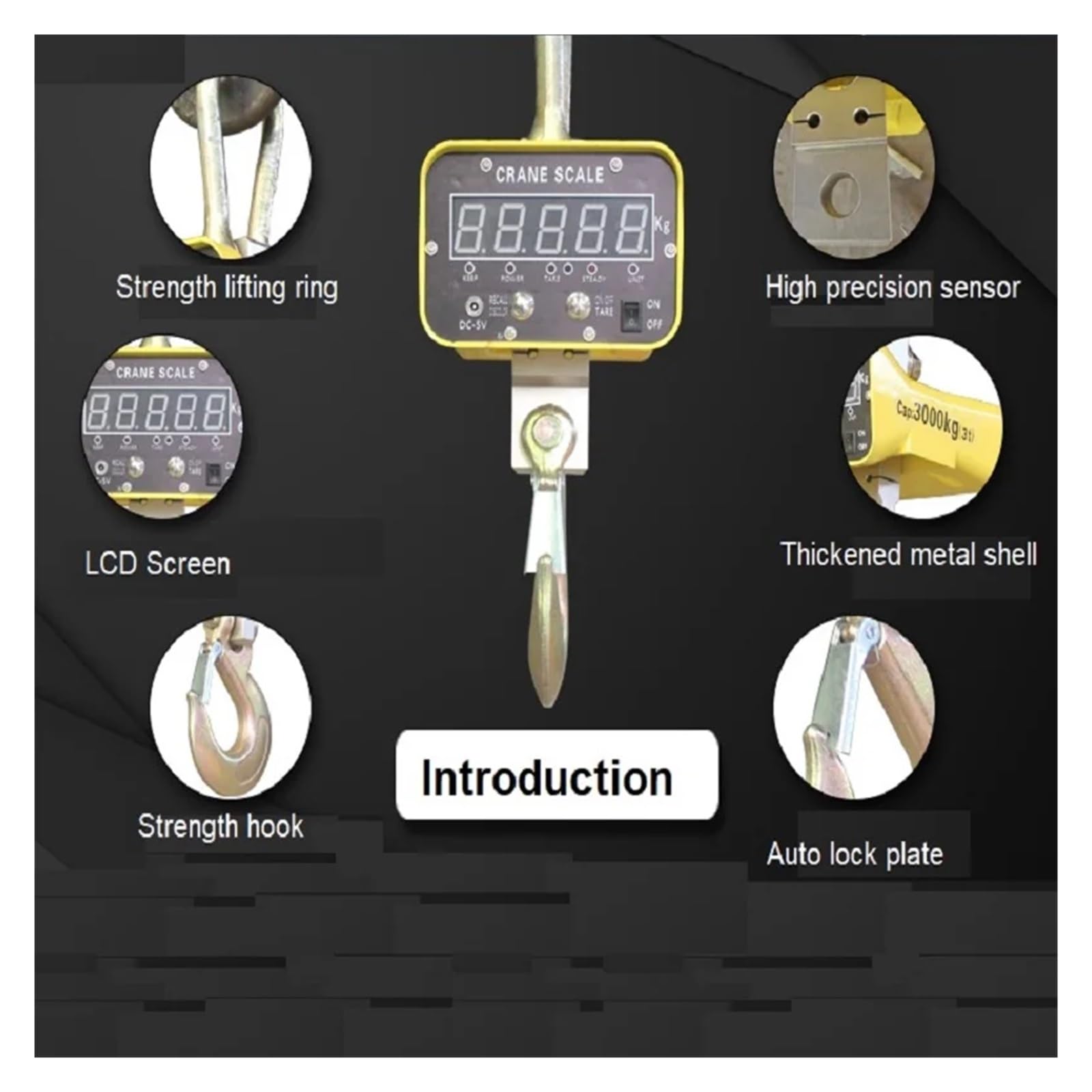 Bilancia elettronica for gru 5000KG/5T di precisione wireless sospesa con telecomando for uso diffuso(Wireless meter)