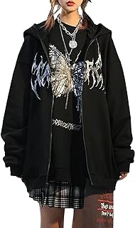 Loalirando Women\'s Polyester Oversized Long Sleeve Sweatshirt, Zip Up Hoodie with Gothic Butterfly Print, Size S,M,L,XL