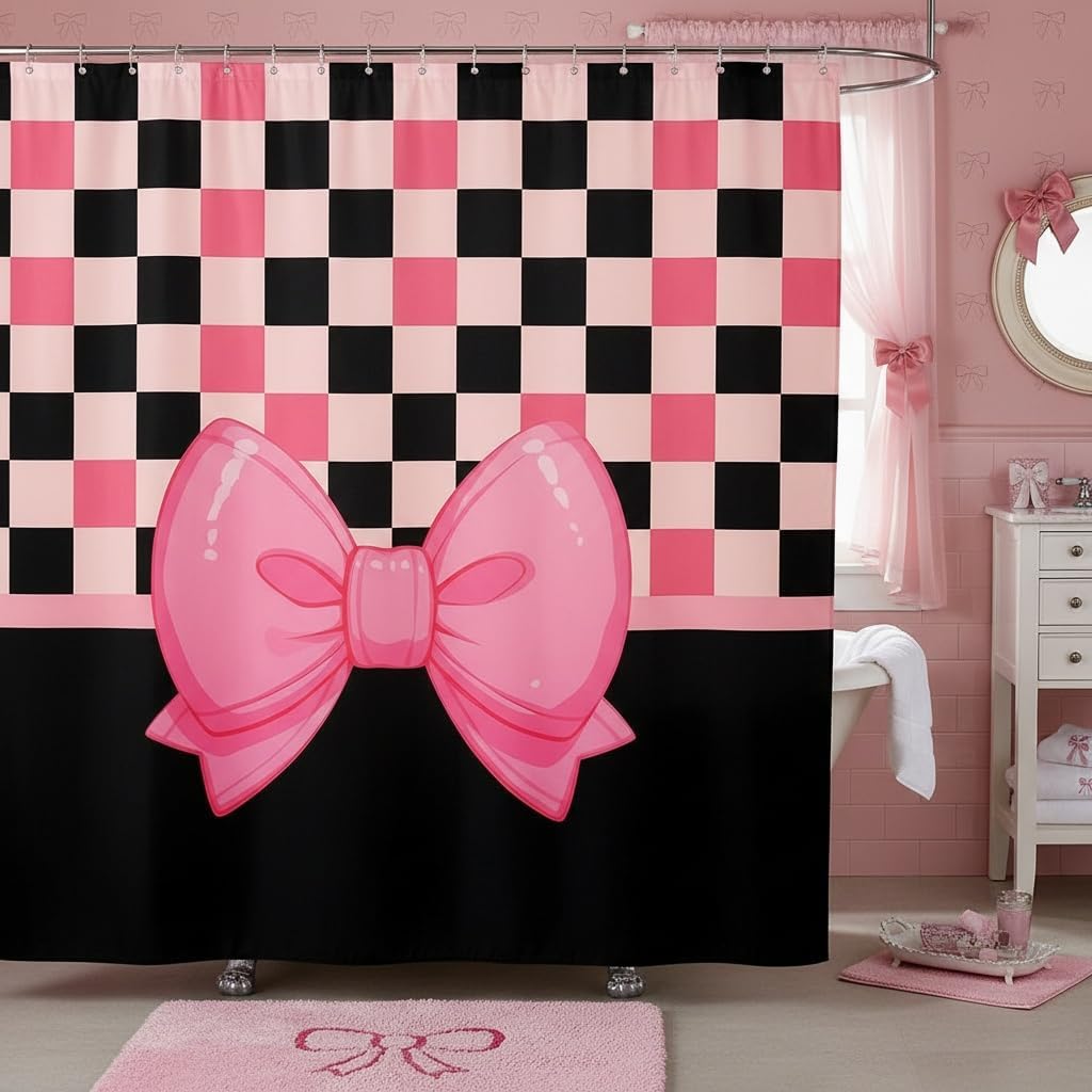 Manfei Black Bowknot Waterproof Bath Curtains with 12 Hooks for Bathtub,Princess Style Bow-tie Pink Black Shower Curtains,Dreamy Fairy Tale Bow Crossed Patchwork Bathroom Curtains,78 Inch Long