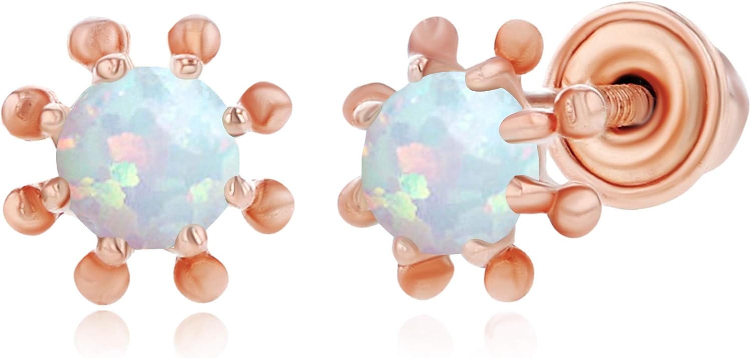 Solid 14K Gold 6x10mm Natural Birthstone Wheel Screwback Stud Earrings For Women | 3mm Round Birthstone | 14K Gold Natural or Created Gemstone Screwback Earrings For Women