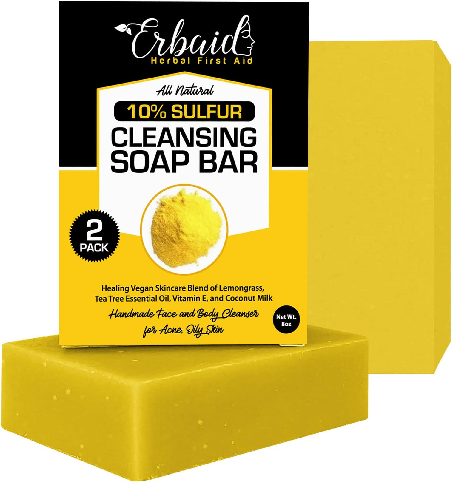 10% Sulfur Soap Cleansing Bar for Face & Body – All Natural Facial Cleanser for Acne, Oily Skin – Healing Skincare Blend of Lemongrass, Tea Tree Essential Oil, Vitamin E, Coconut Milk – Made in USA
